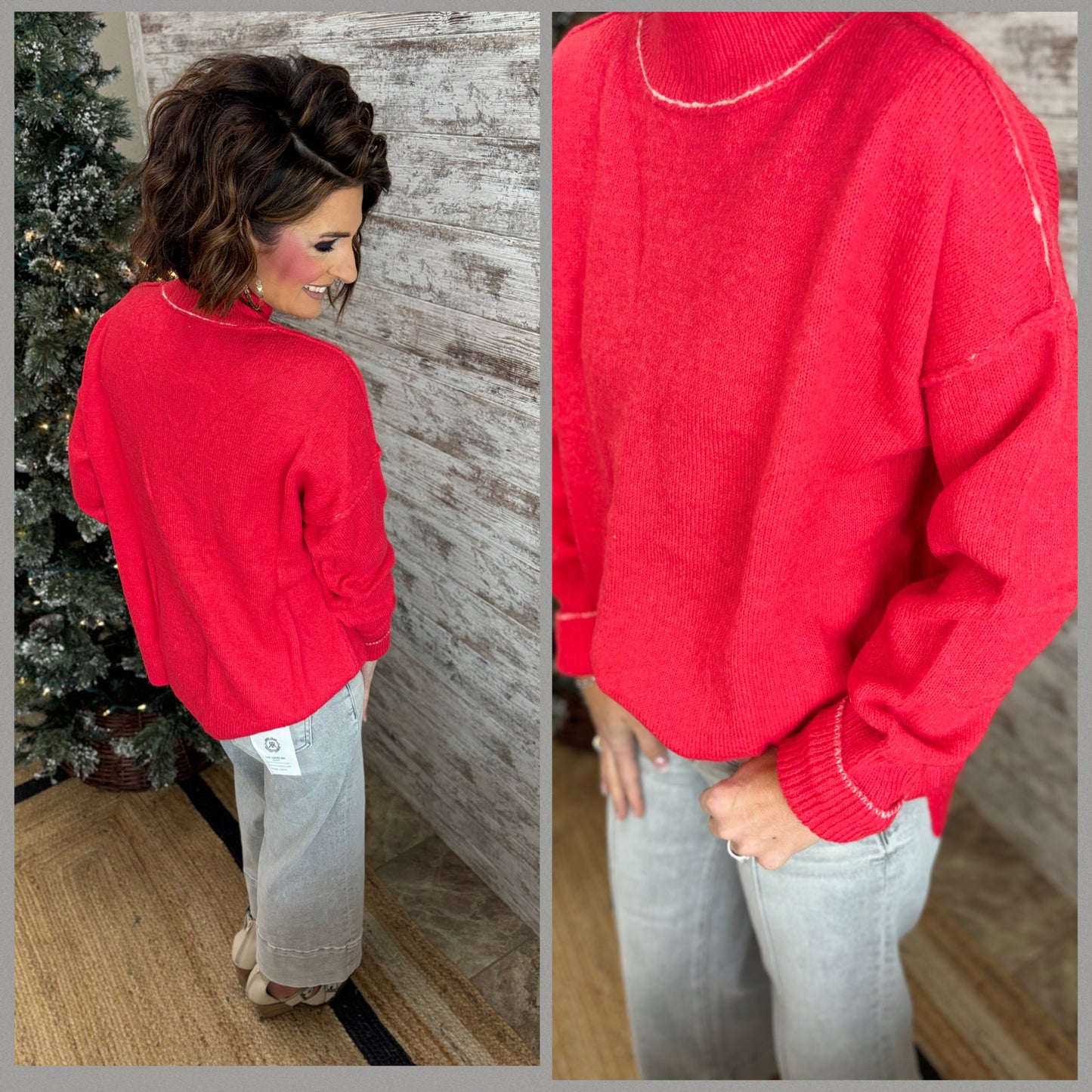 Red Mock Neck Sweater with White Seam Detail