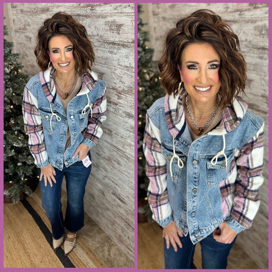 Brushed Plaid Denim Jacket with Hood