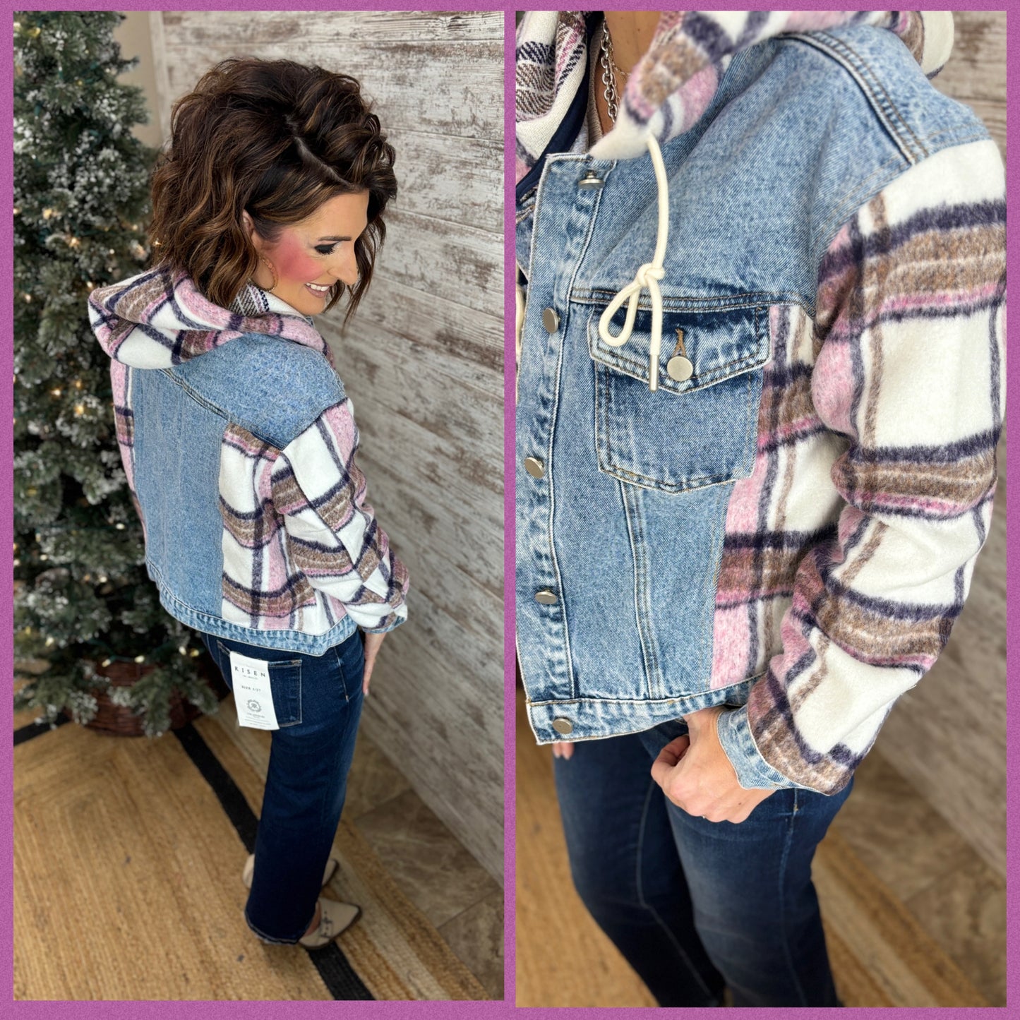 Brushed Plaid Denim Jacket with Hood