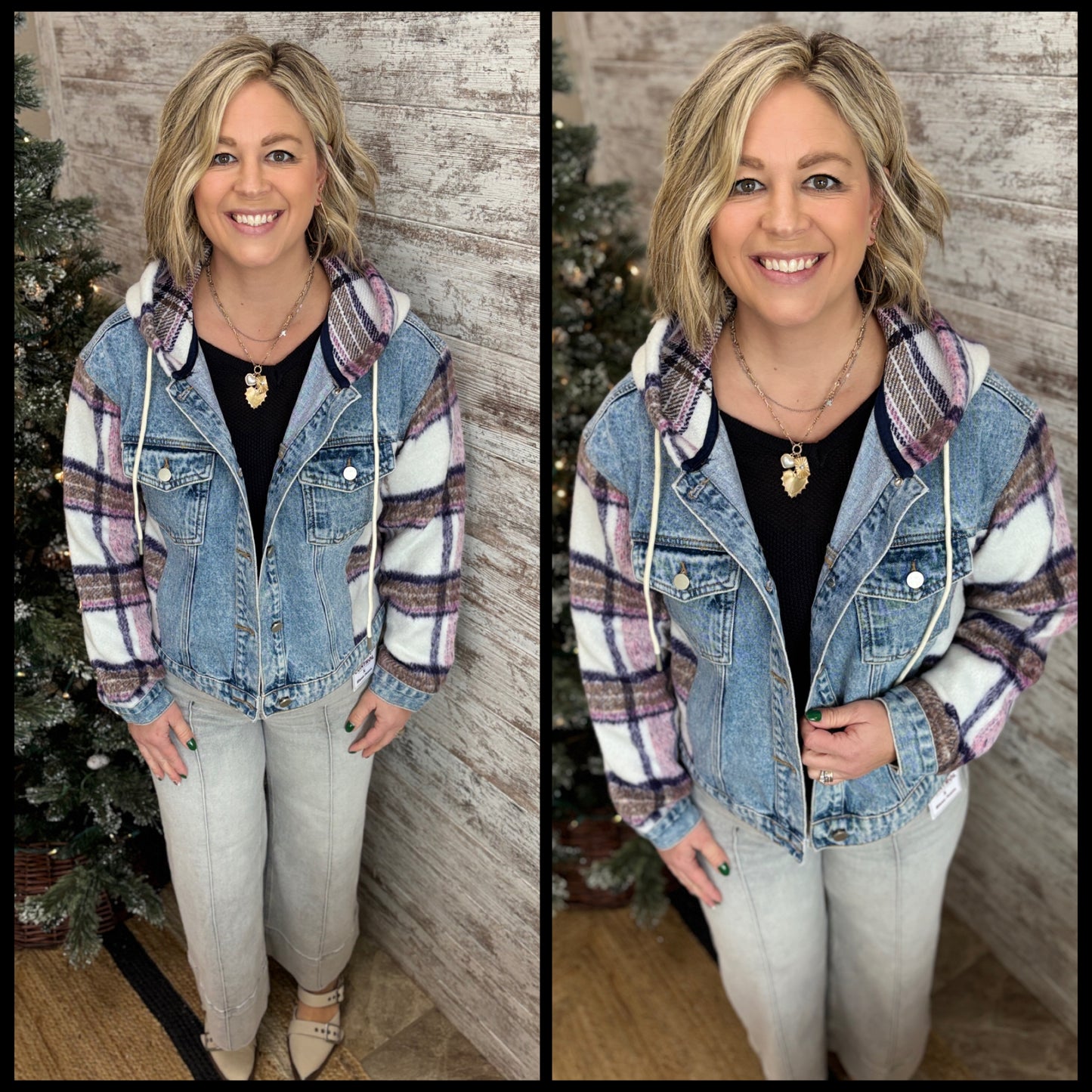 Brushed Plaid Denim Jacket with Hood