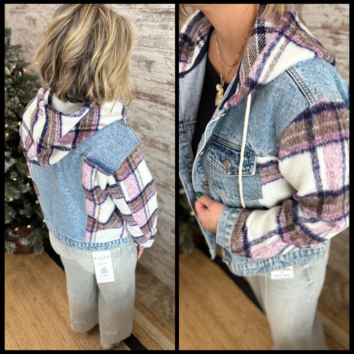 Brushed Plaid Denim Jacket with Hood