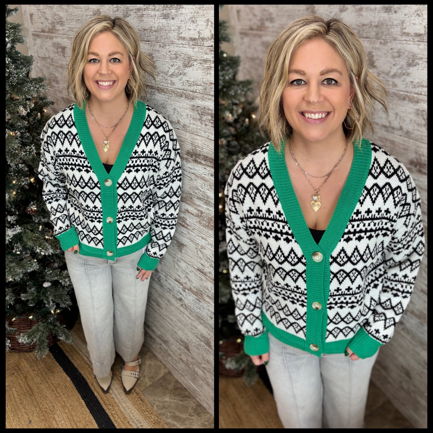 Ivory Black & Green Pattern Cardigan