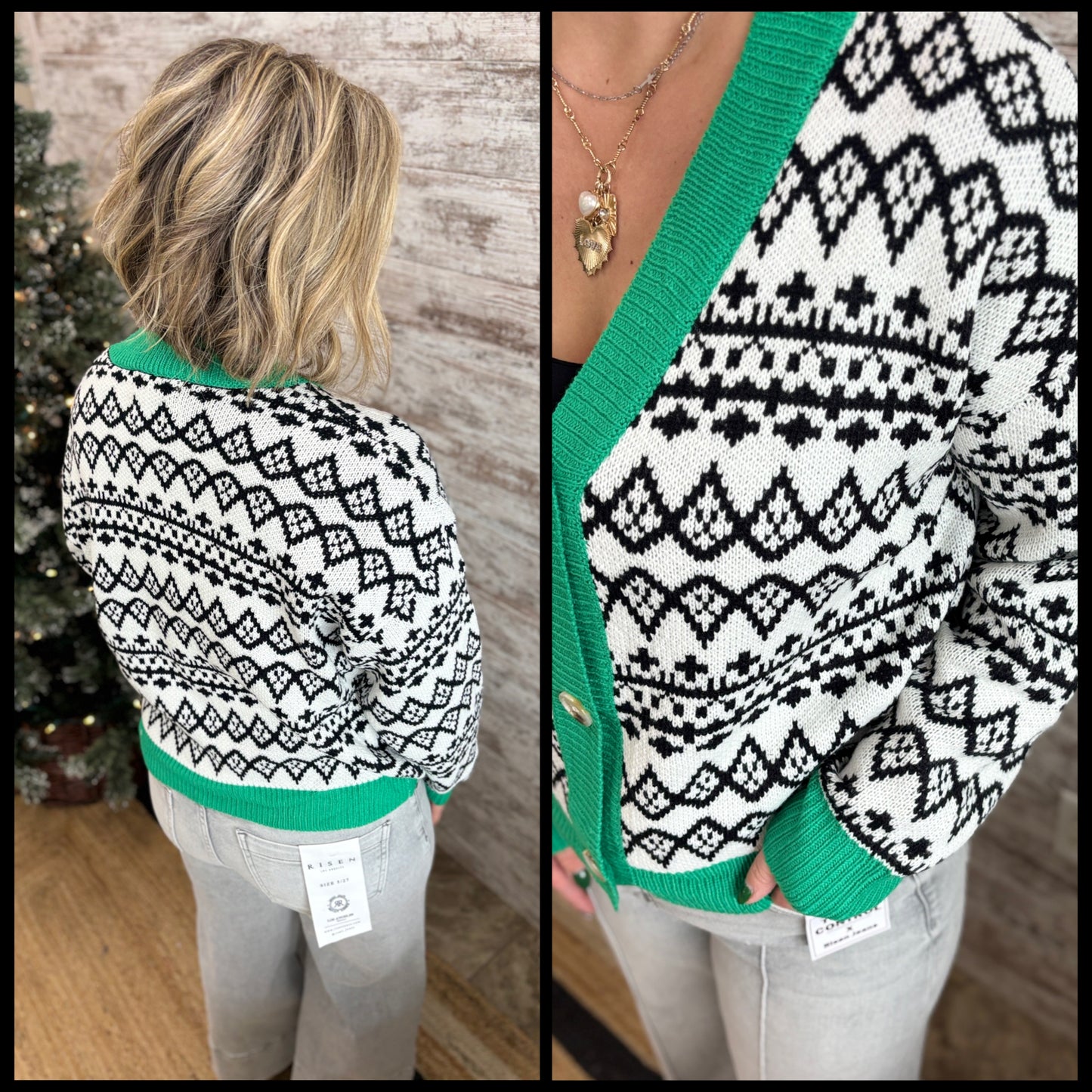 Ivory Black & Green Pattern Cardigan