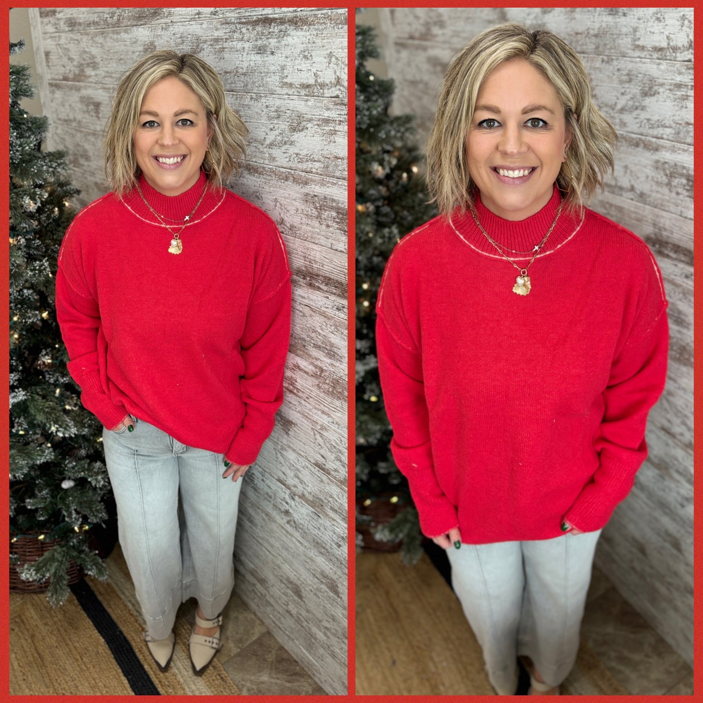 Red Mock Neck Sweater with White Seam Detail