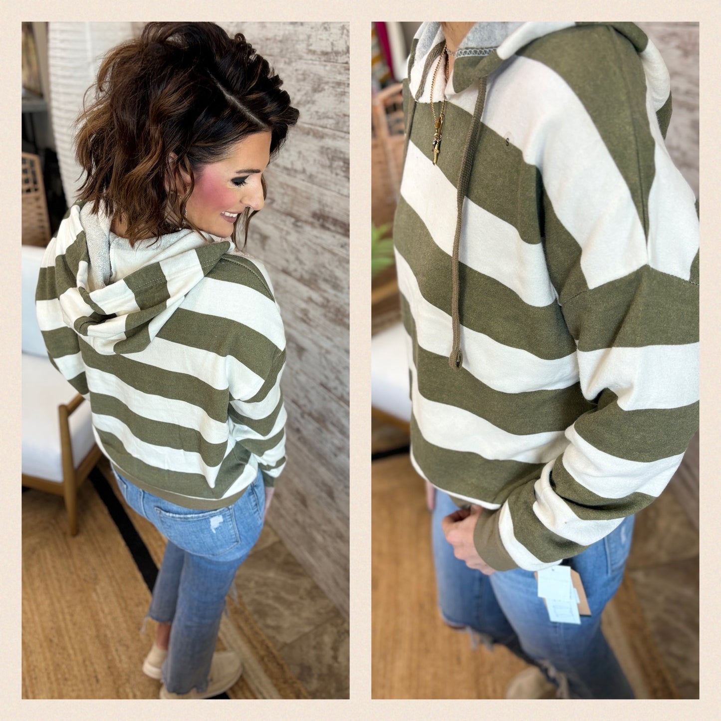 Olive Striped Boxy Hoodie