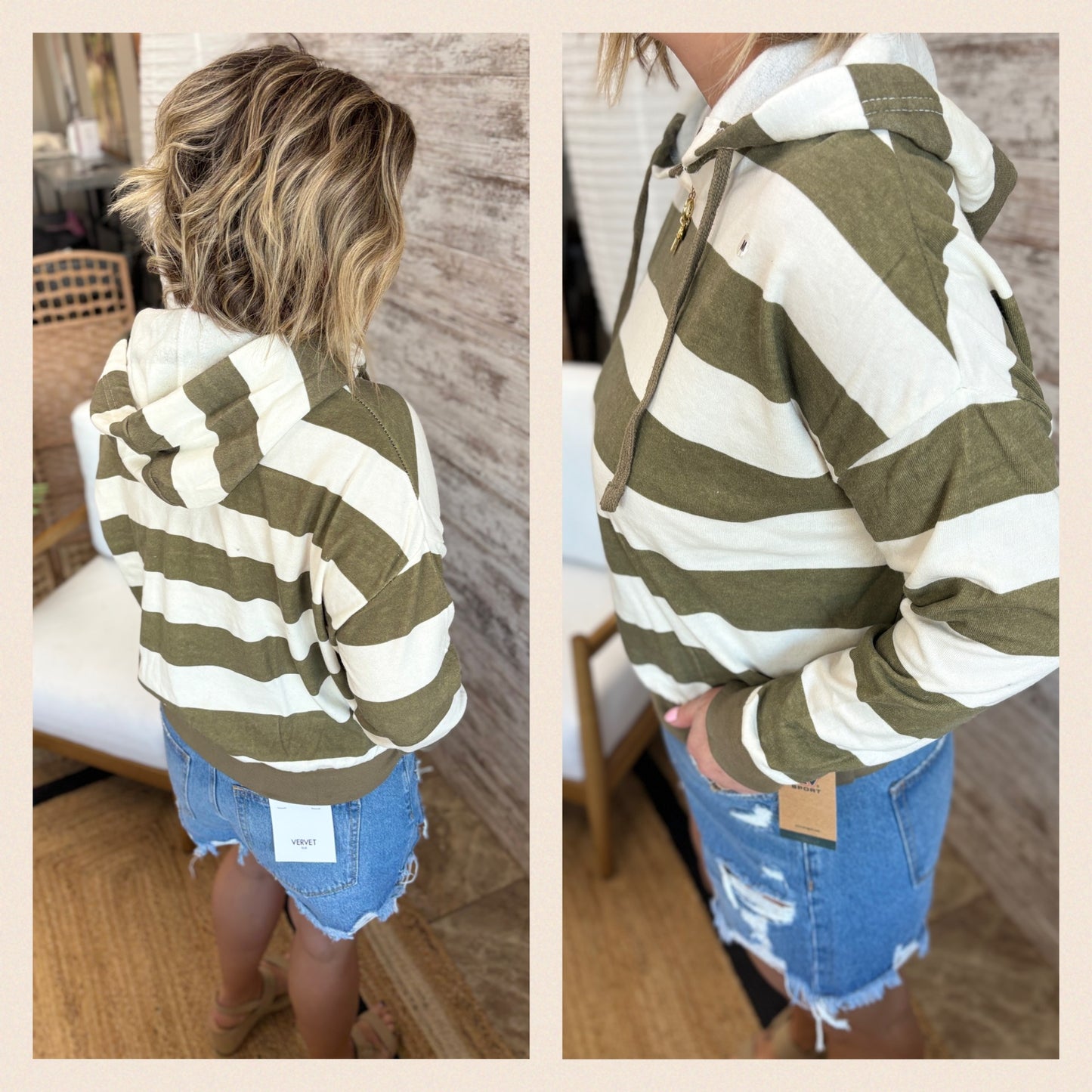 Olive Striped Boxy Hoodie