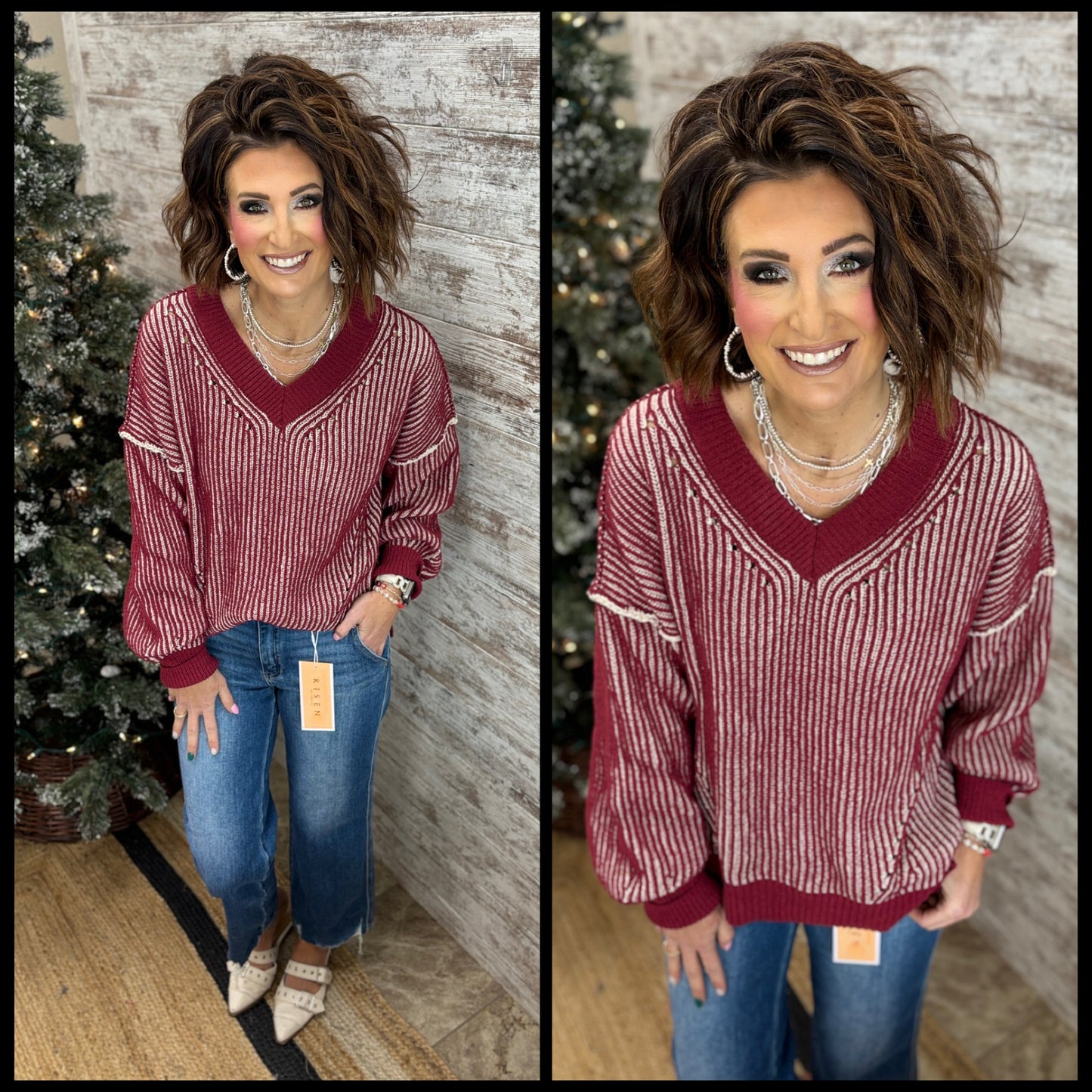 Wine Two Tone Knit Sweater