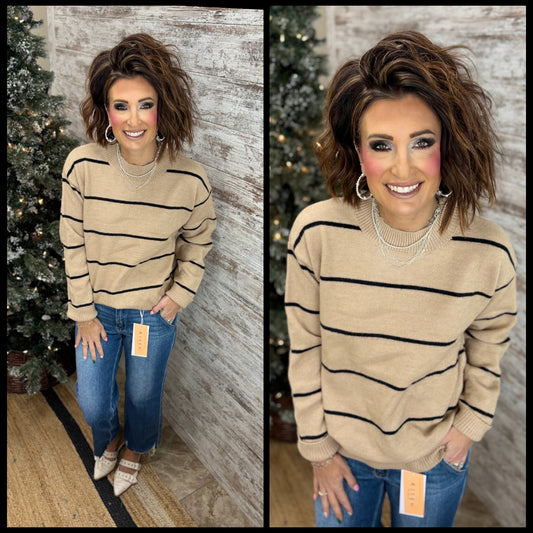Taupe Striped Loose Fit Sweater