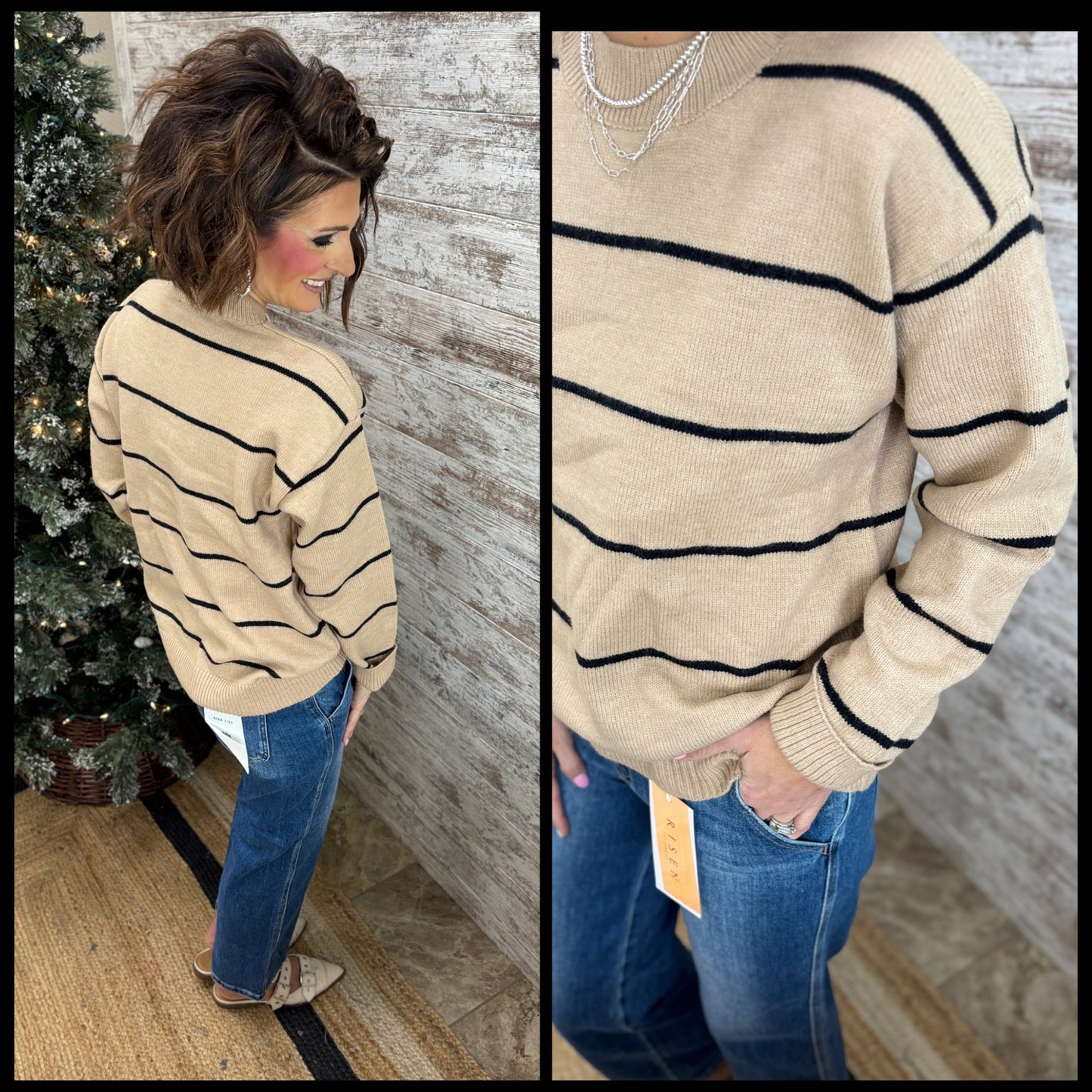 Taupe Striped Loose Fit Sweater