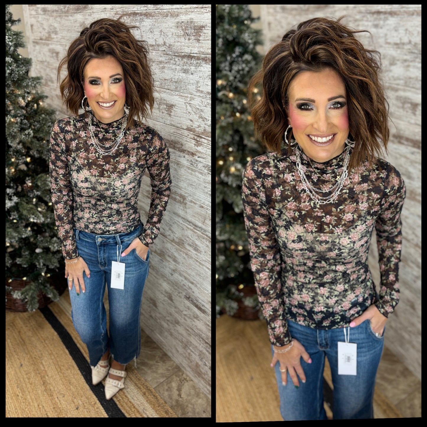 Black Floral High Neck Mesh Top