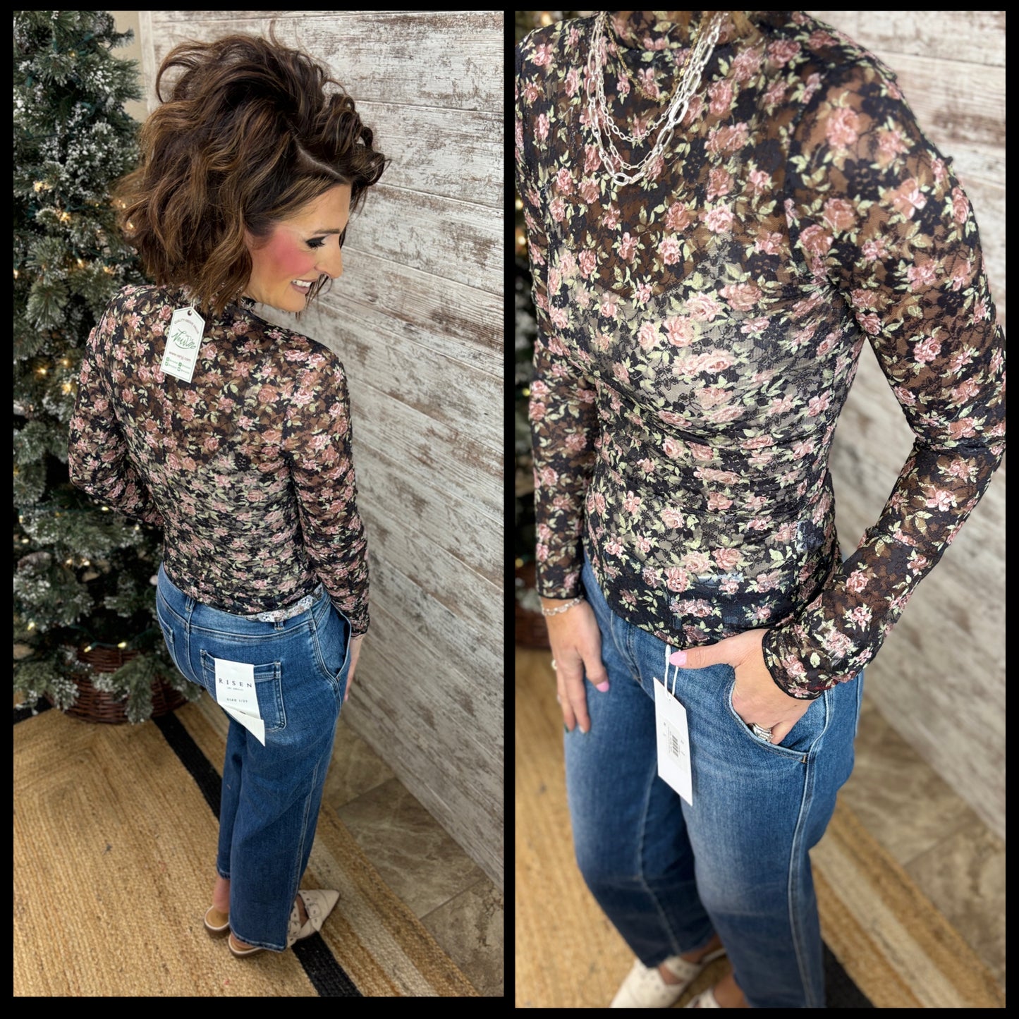 Black Floral High Neck Mesh Top