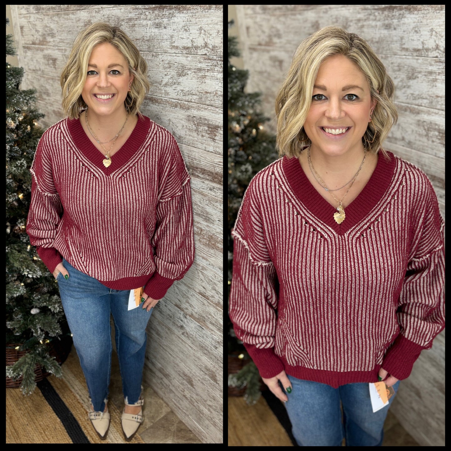 Wine Two Tone Knit Sweater