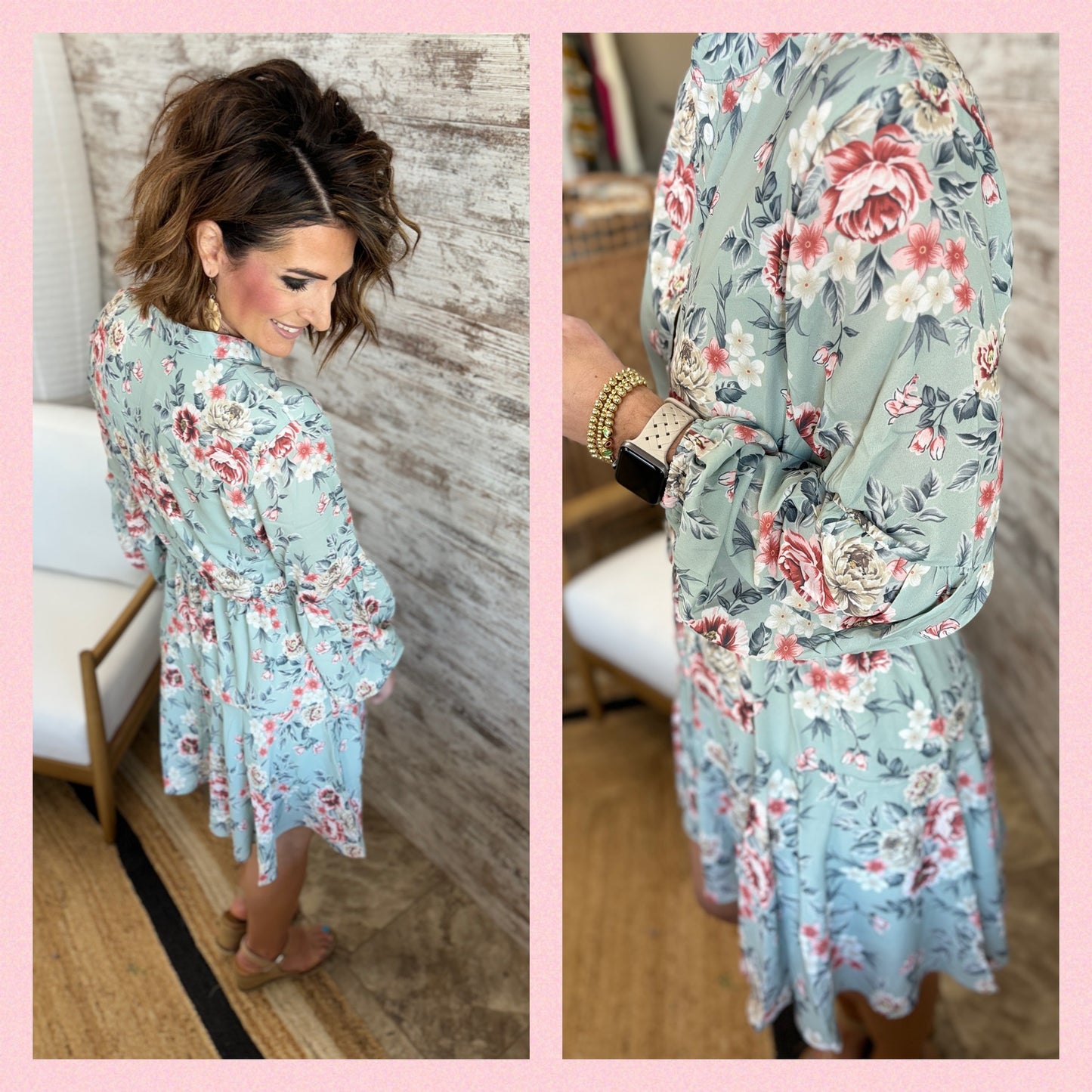 Dusty Blue Floral Long Sleeve Dress