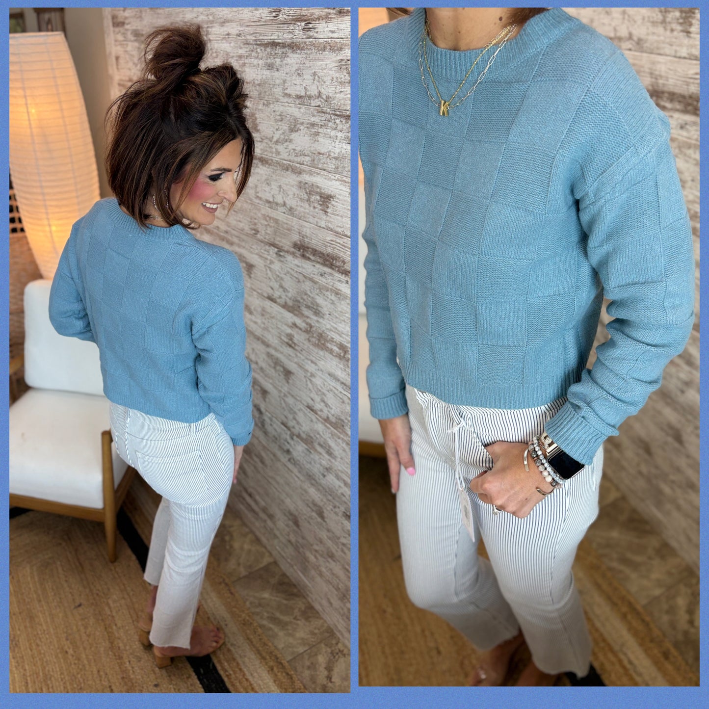 CHECKER PATTERN KNITTED ROUND NECK SWEATER TOP