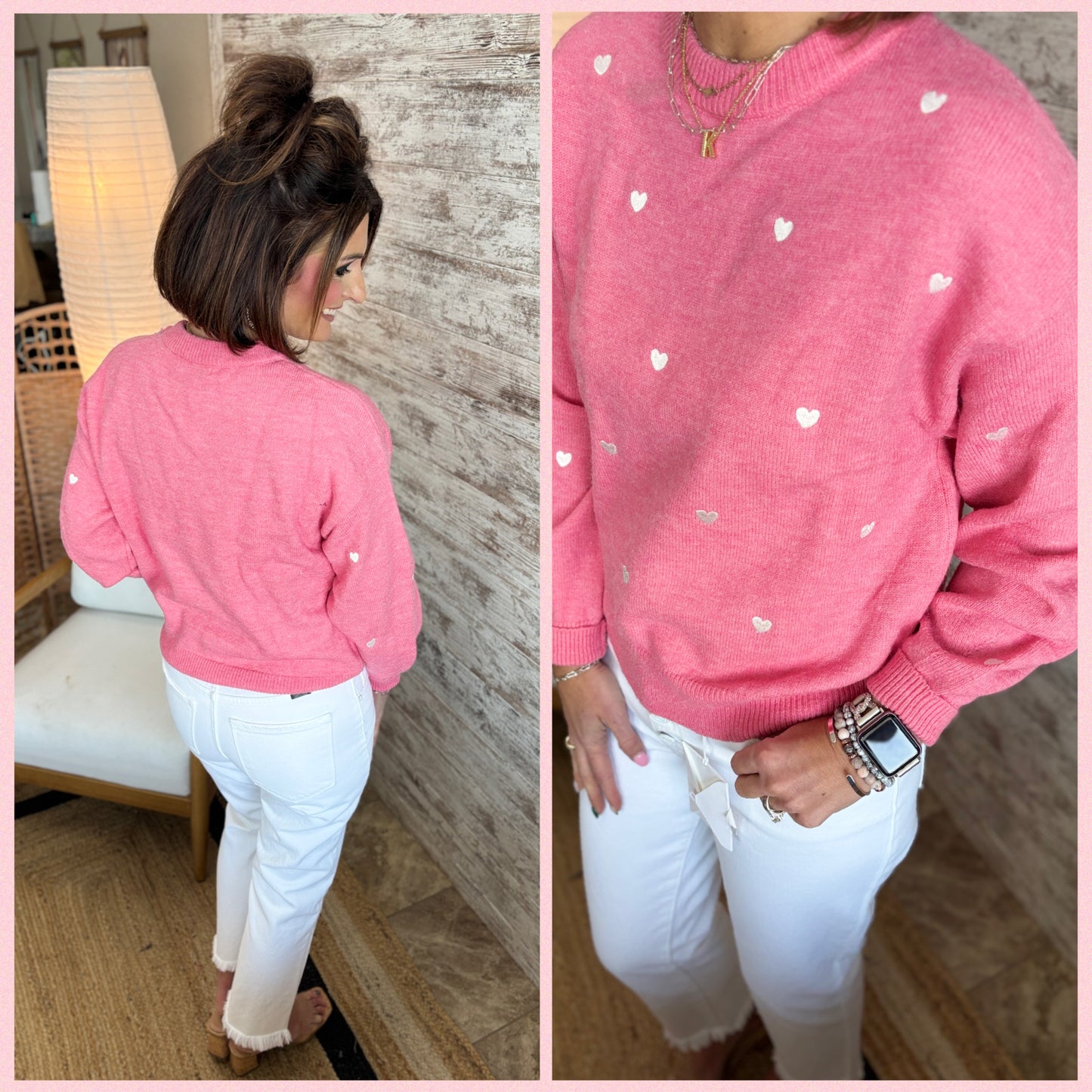 Pink Heart Embroidered Sweater
