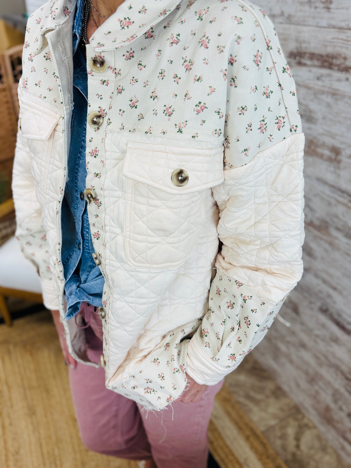 Floral Print Contrast Cream Jacket