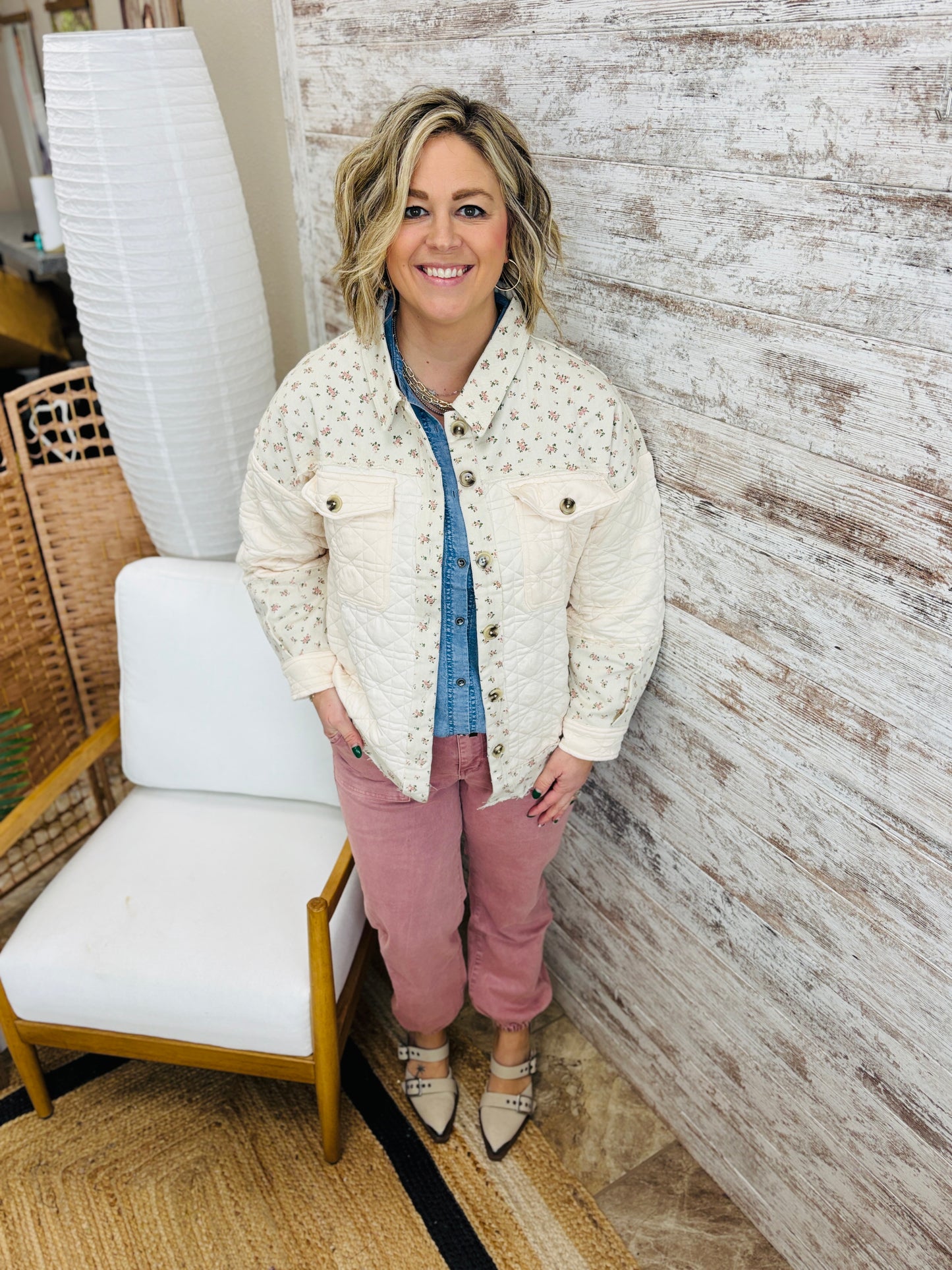 Floral Print Contrast Cream Jacket