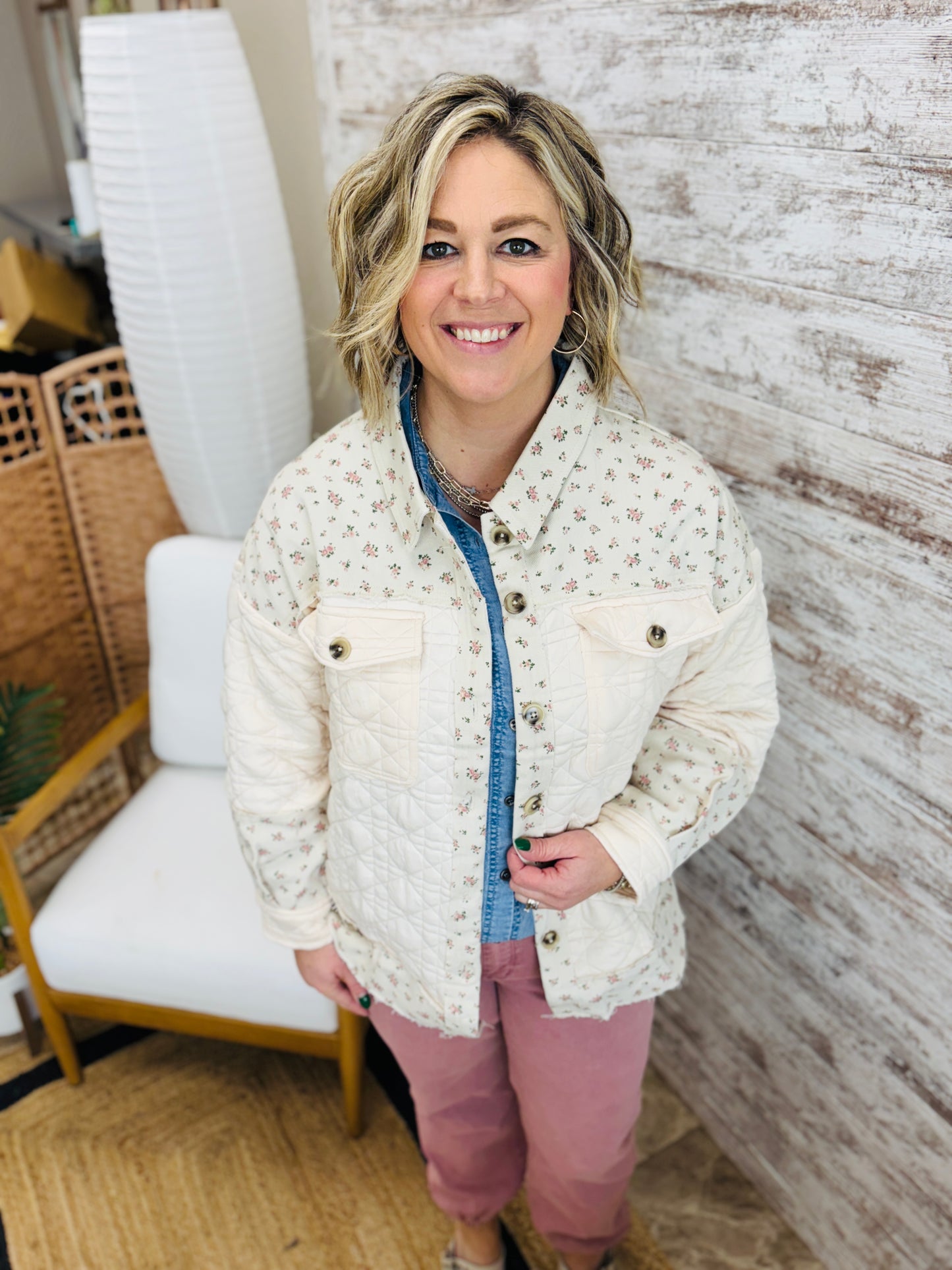 Floral Print Contrast Cream Jacket