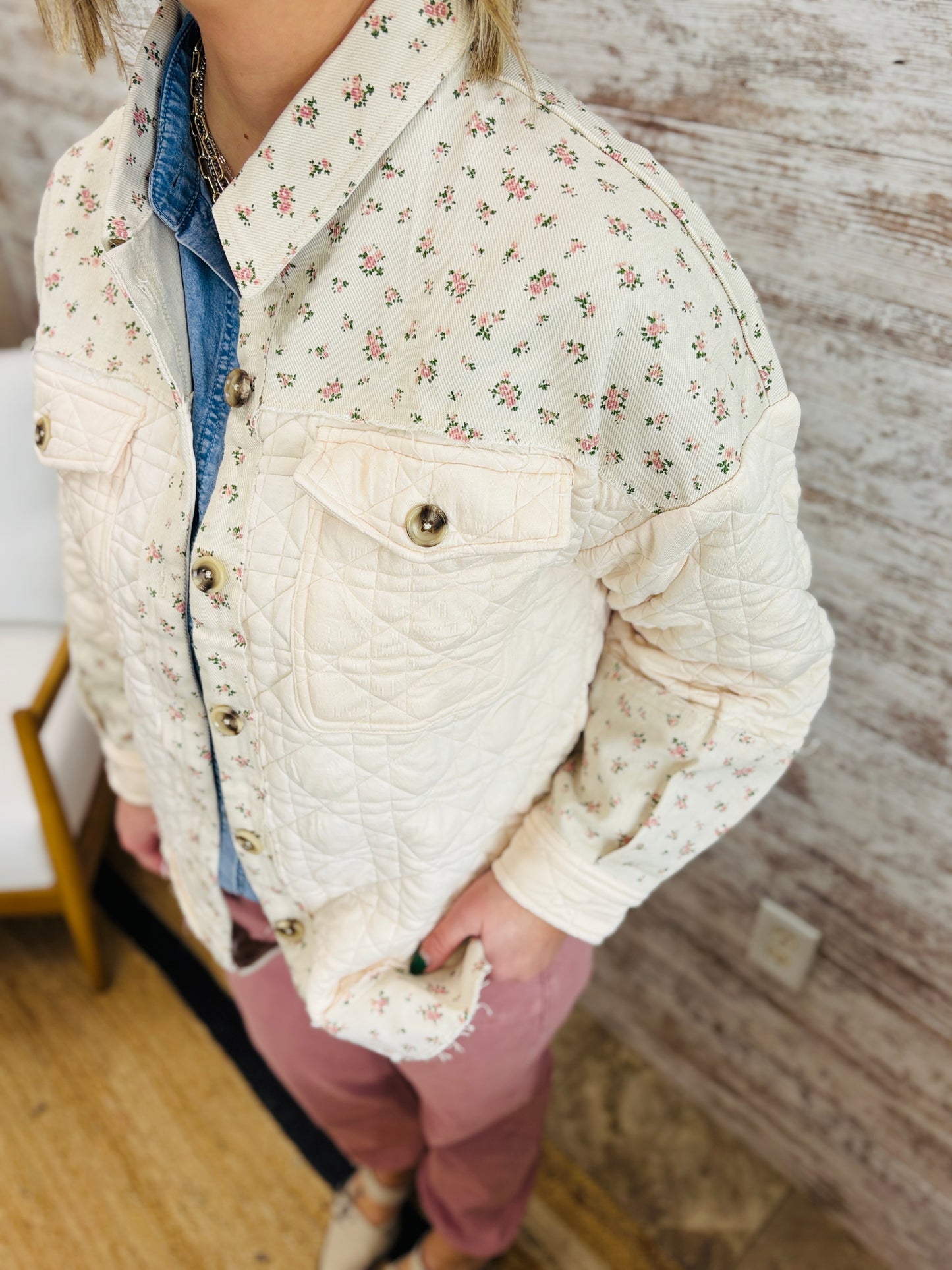 Floral Print Contrast Cream Jacket