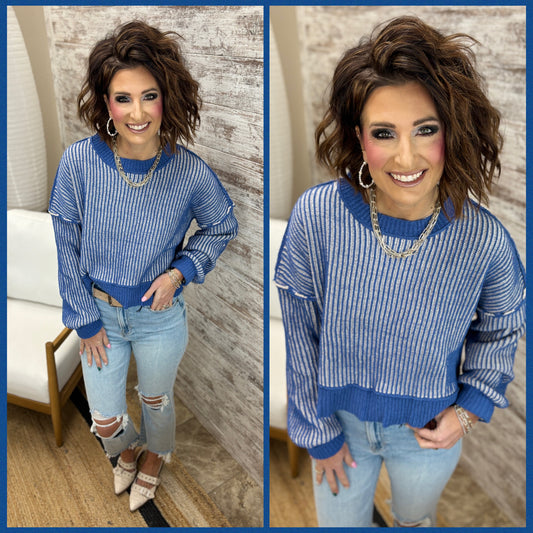 Royal Blue Two Tone Stripe Sweater