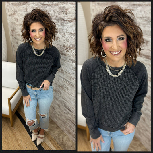 Black Waffle Knit Pullover