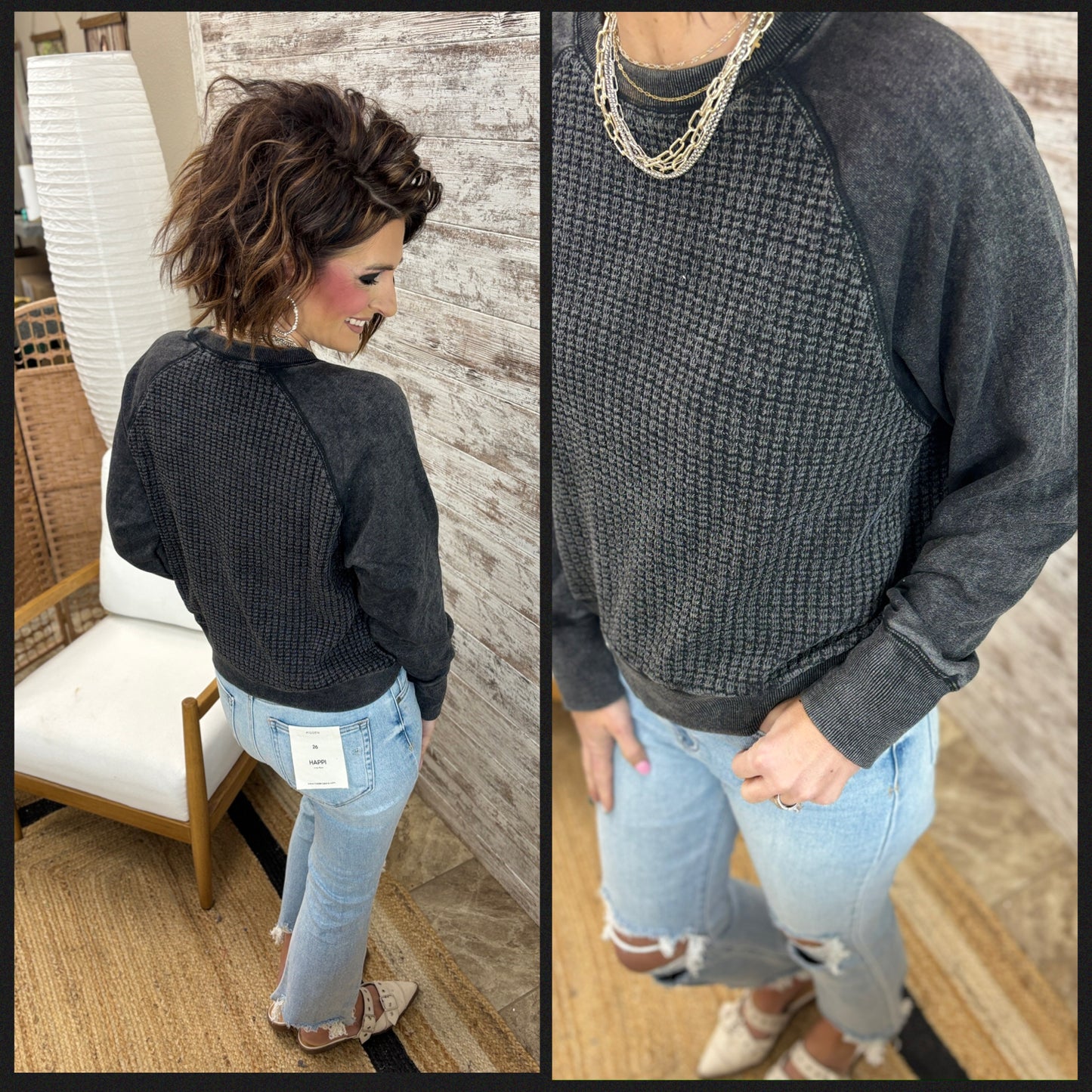 Black Waffle Knit Pullover **Restocking, arriving Friday 01/16/26**