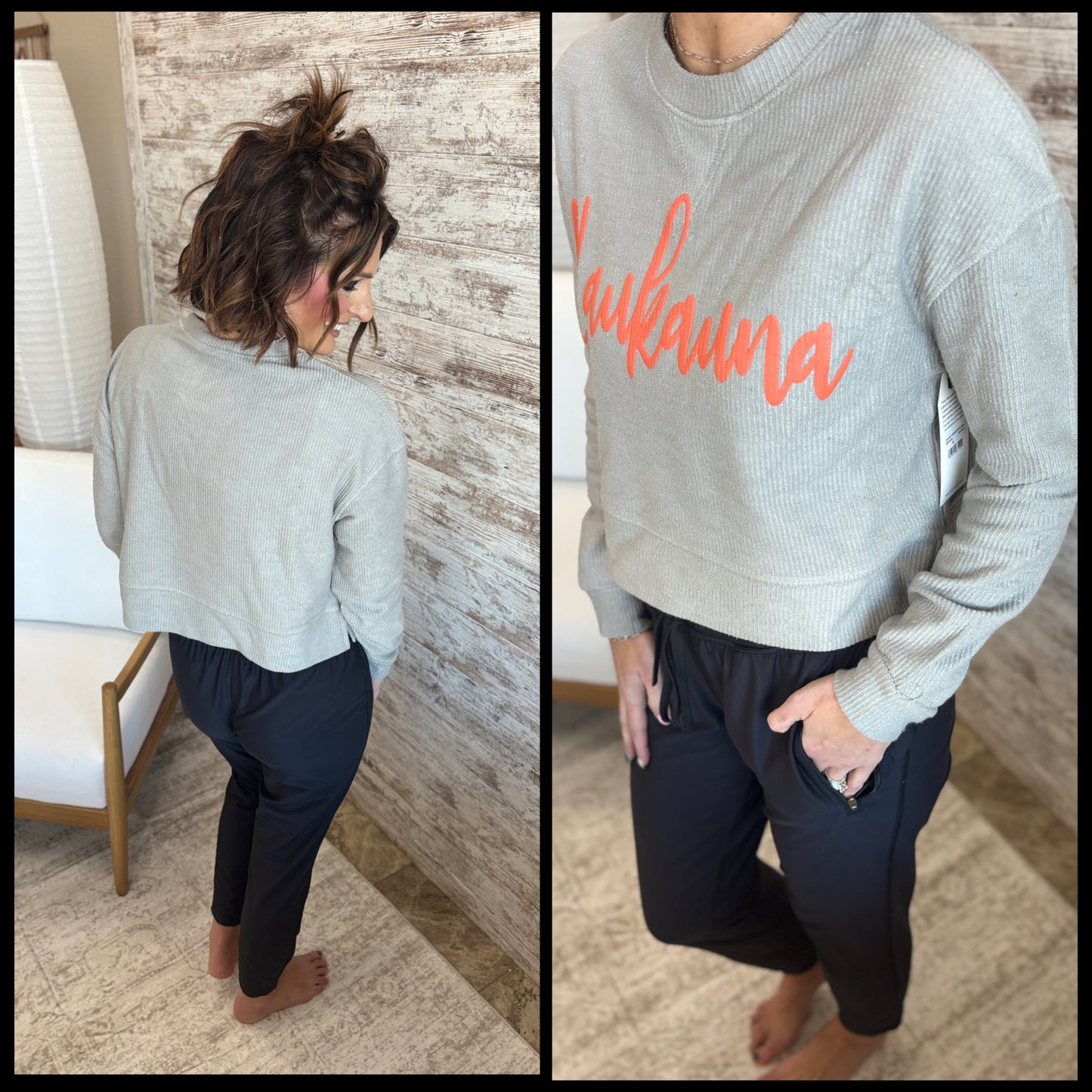 Kaukauna Cursive Print Boxercraft Grey Ribbed Cropped Crew