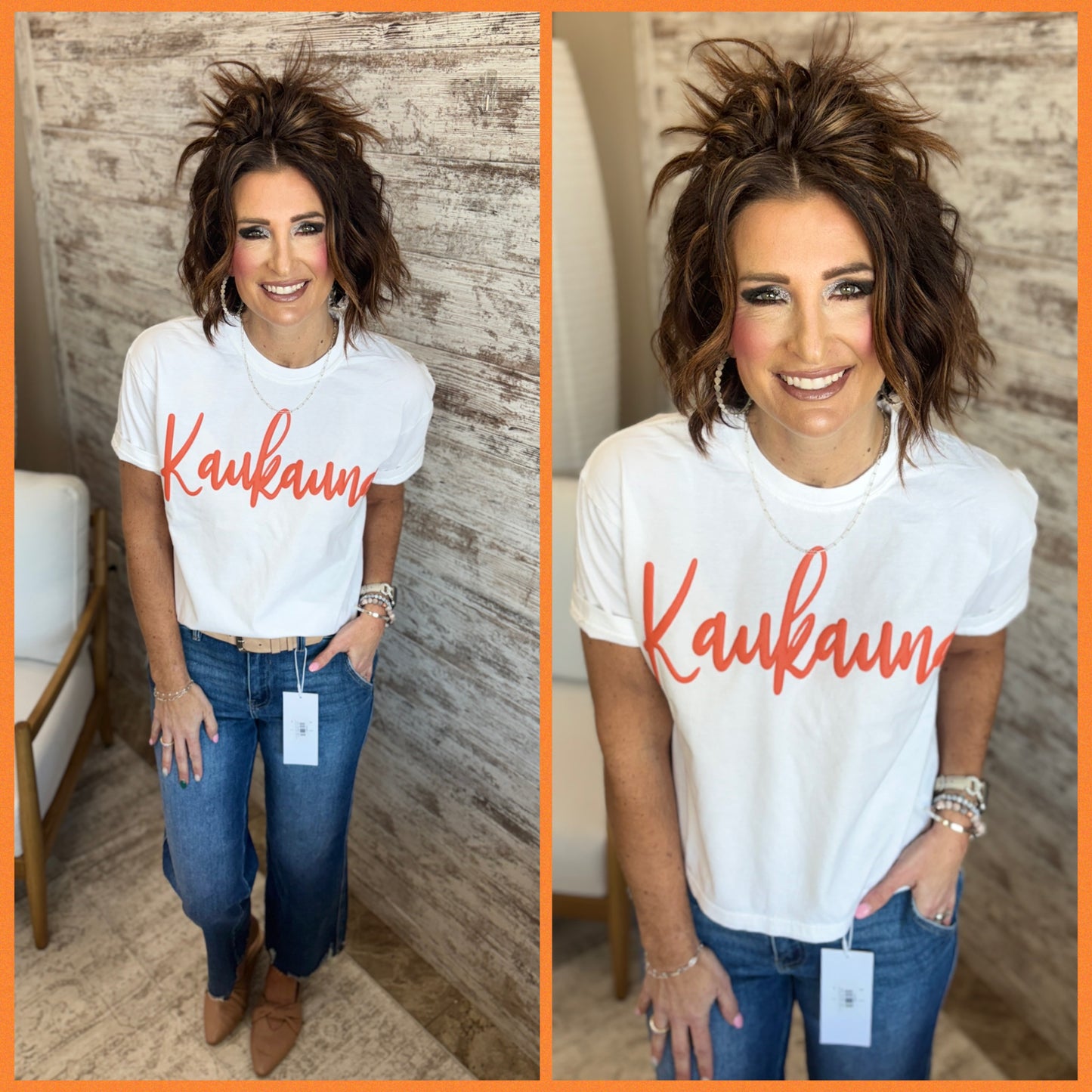 Kaukauna Cursive Puff Print Comfort Colors White Boxy Tee~ Ladies