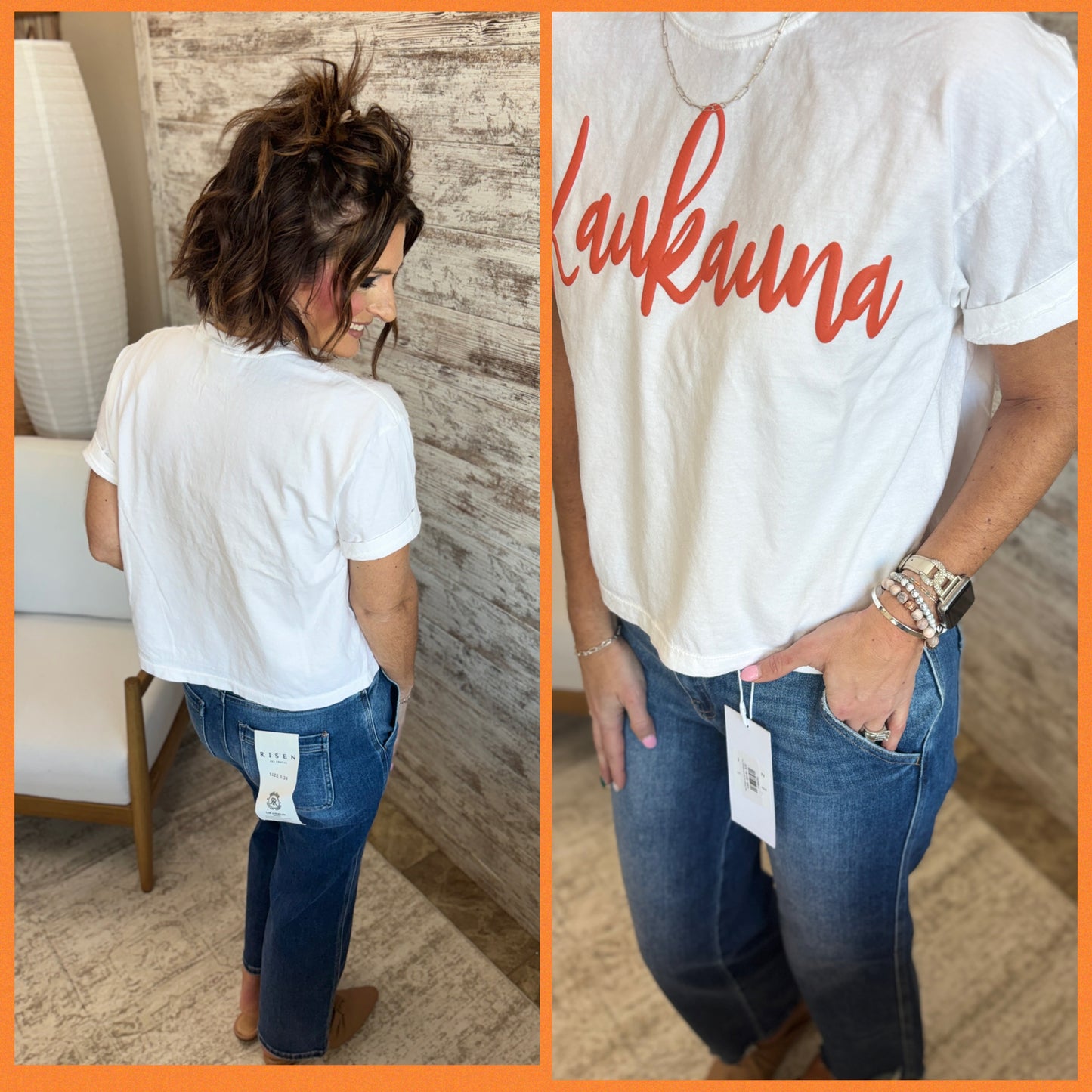 Kaukauna Cursive Puff Print Comfort Colors White Boxy Tee~ Ladies