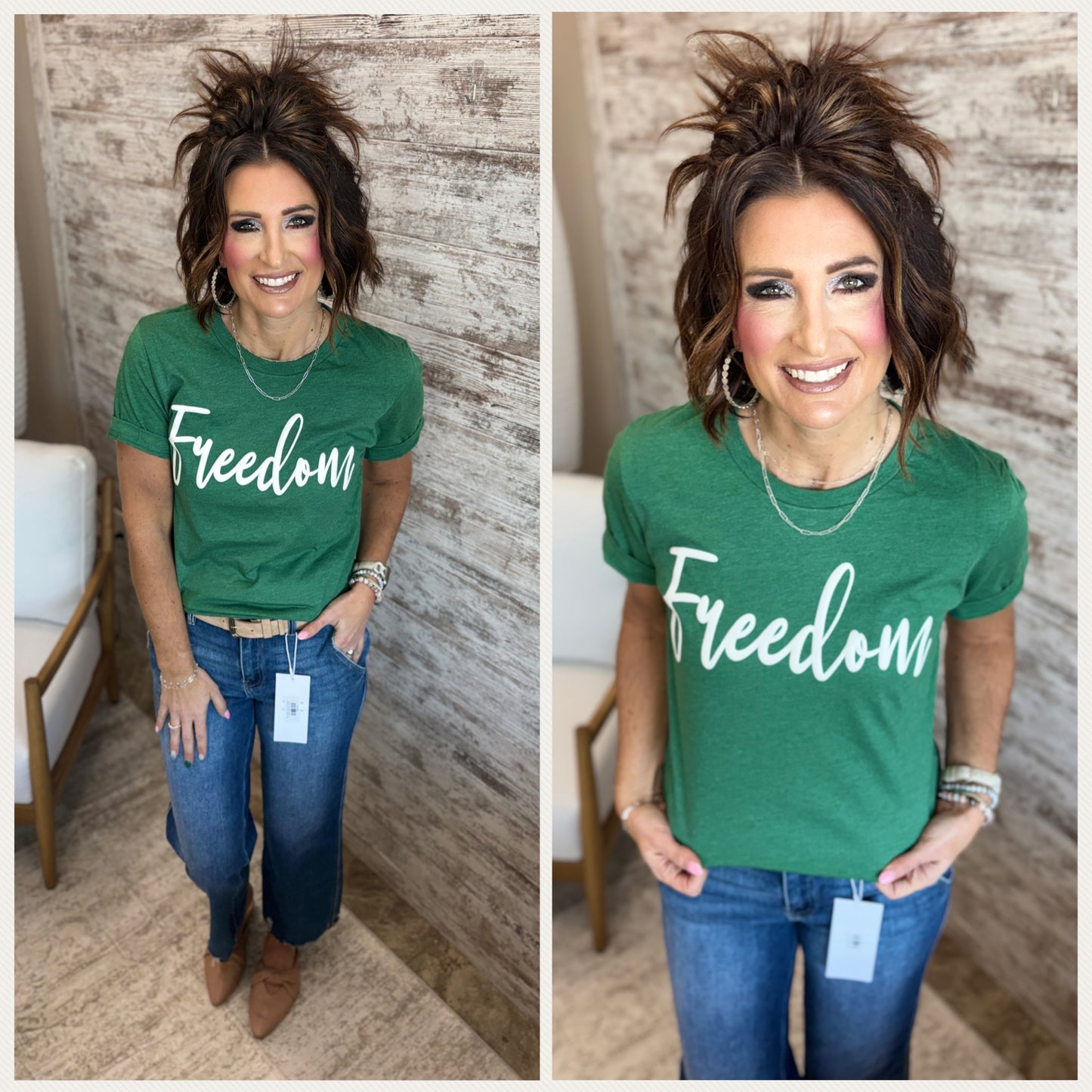 Freedom Cursive White Puff Bella Canvas Grass Green Tee