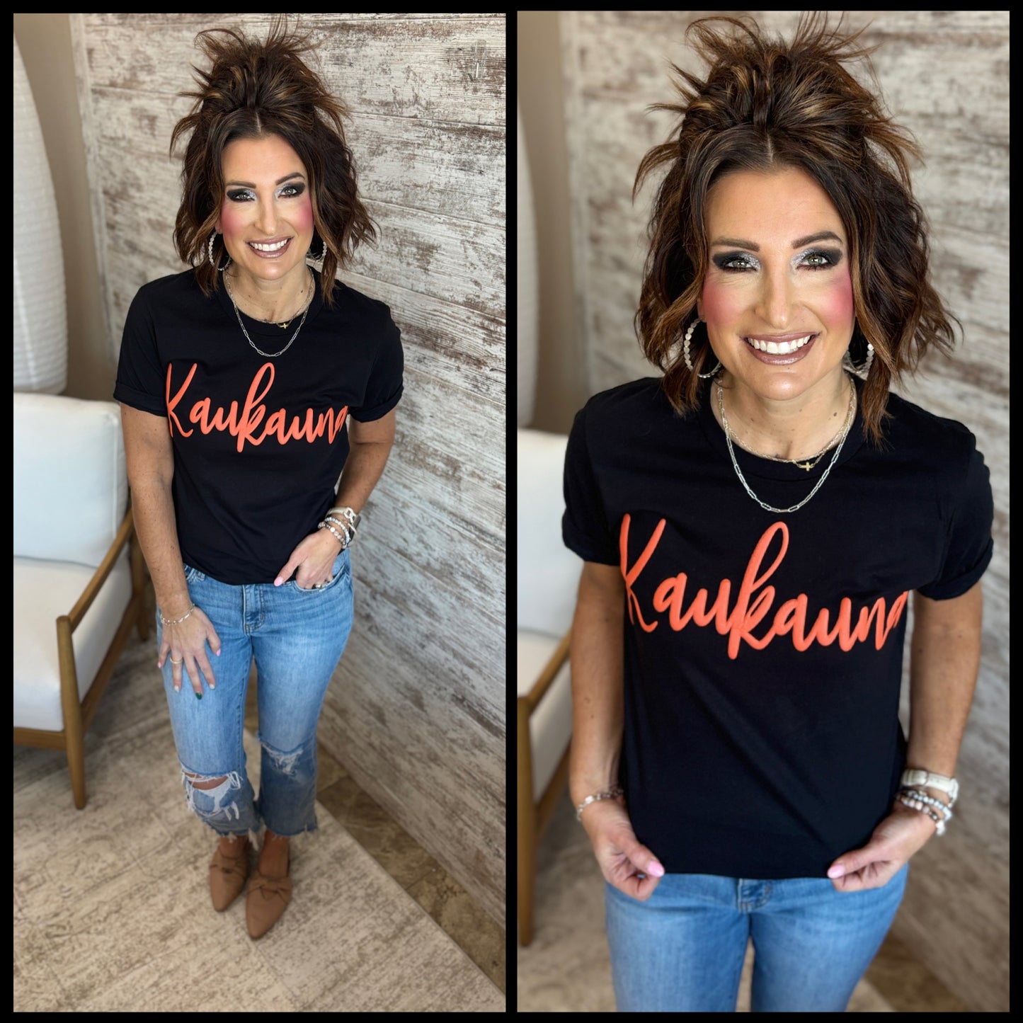 Kaukauna Cursive Orange Puff Bella Canvas Black Tee