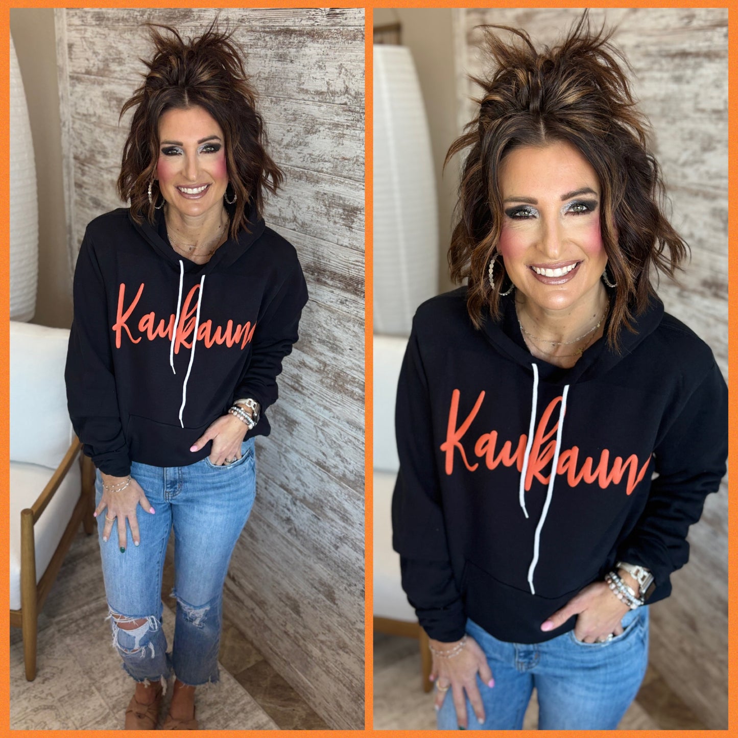 Kaukauna Cursive Puff Print Bella Canvas Heather Sponge Black Hoodie