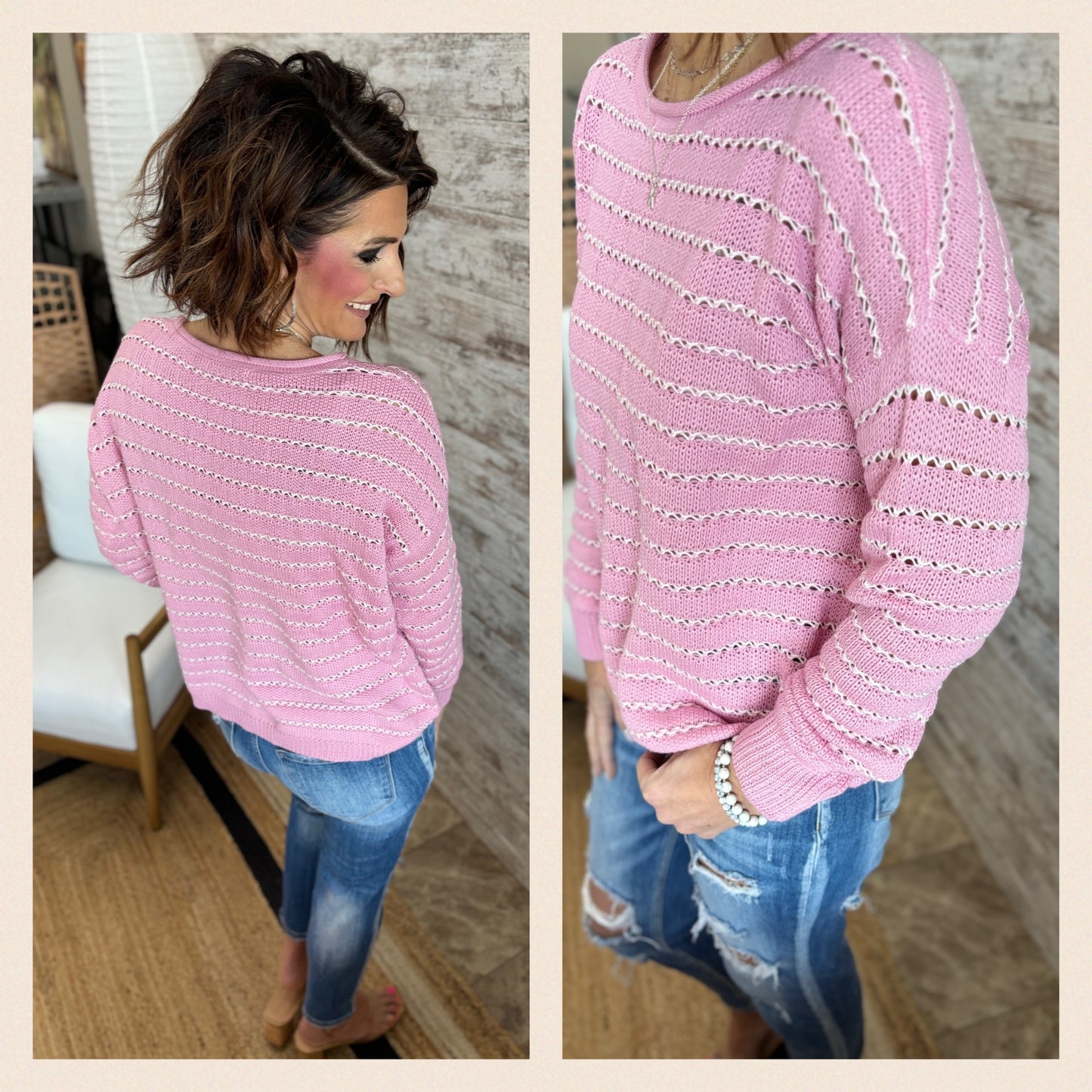 Pink Open Weave Crochet Sweater