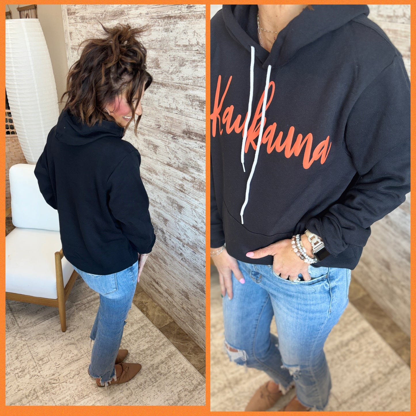 Kaukauna Cursive Puff Print Bella Canvas Heather Sponge Black Hoodie