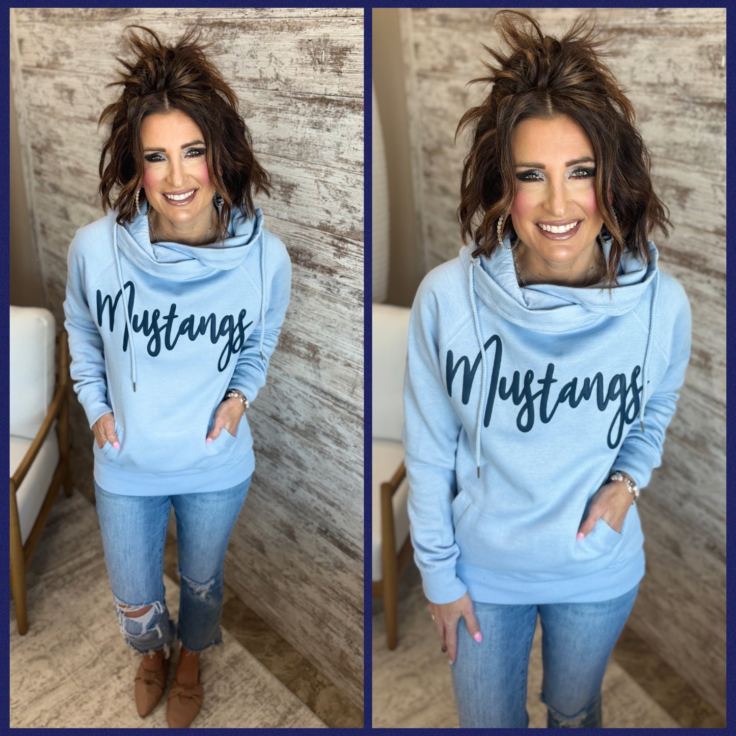 LC Mustangs Cursive Print Enza Sky Blue Cowl Hoodie ~ Ladies