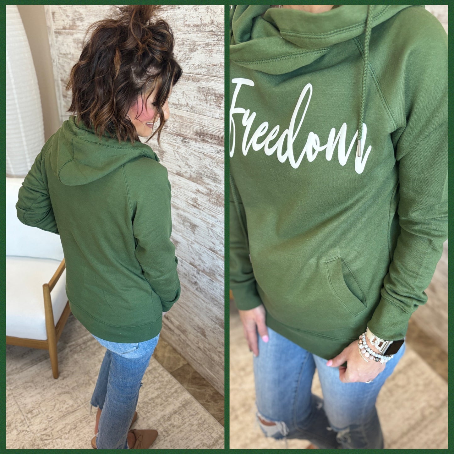 Freedom Cursive Print Enza Green Cowl Hoodie ~ Ladies