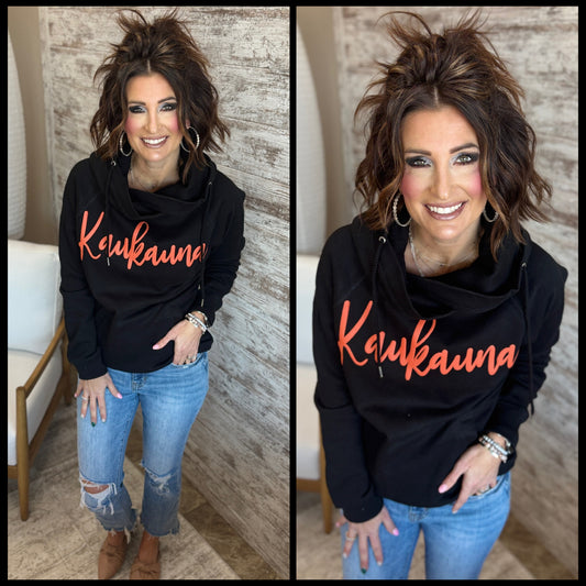 Kaukauna Cursive Print Enza Black Cowl Hoodie ~ Ladies