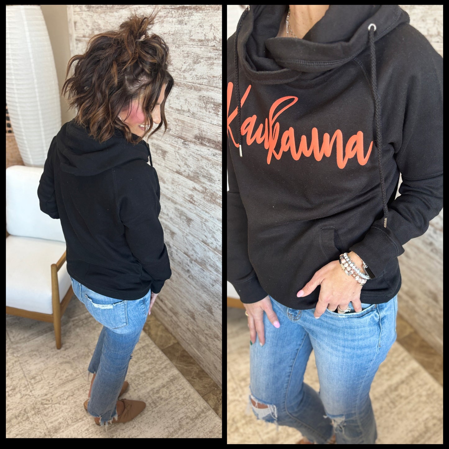 Kaukauna Cursive Print Enza Black Cowl Hoodie ~ Ladies