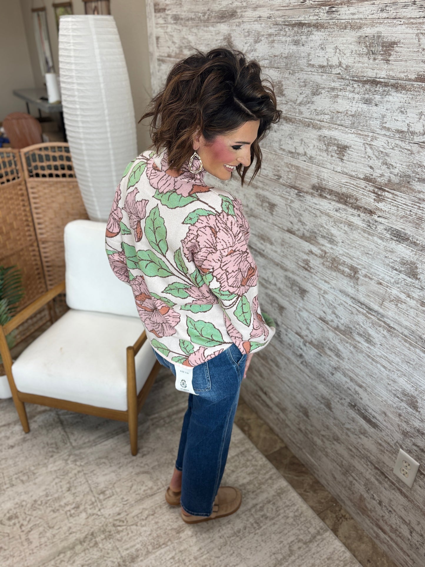 Soft Pink Floral Mock Neck Sweater