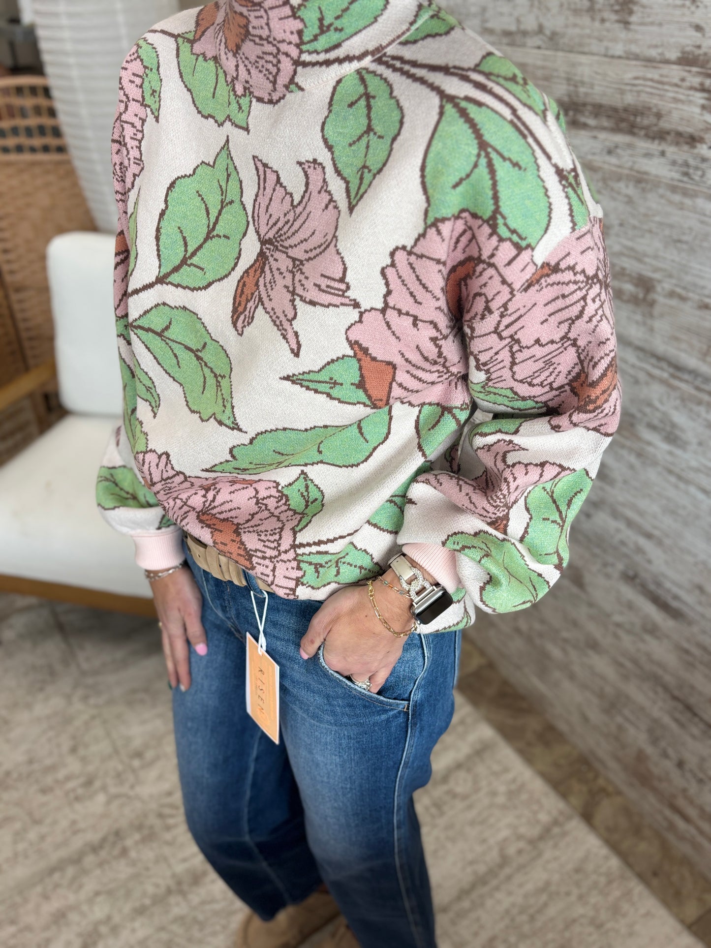 Soft Pink Floral Mock Neck Sweater