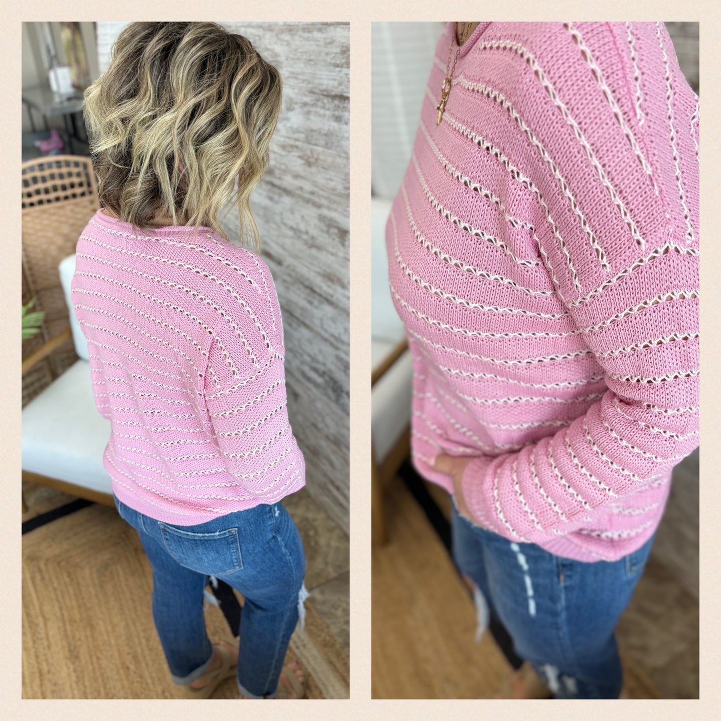 Pink Open Weave Crochet Sweater