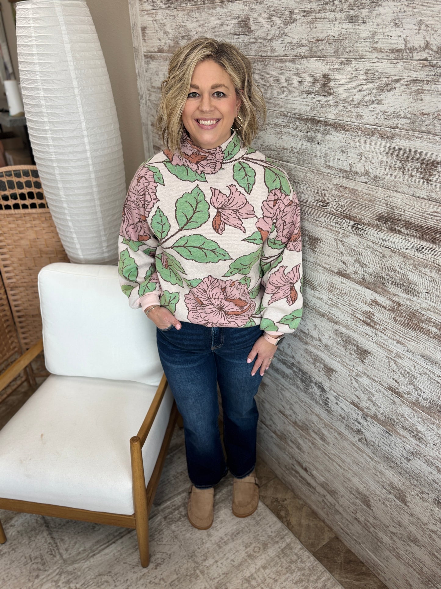 Soft Pink Floral Mock Neck Sweater