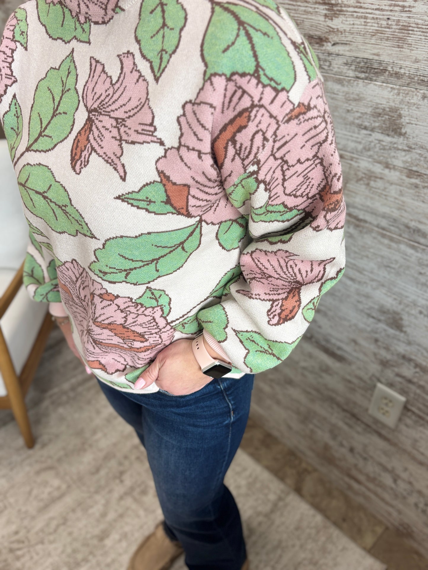 Soft Pink Floral Mock Neck Sweater