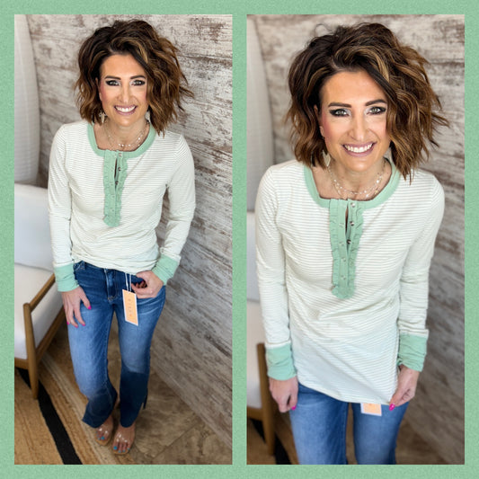 Striped Ruffled Henley Top~ 2 Colors
