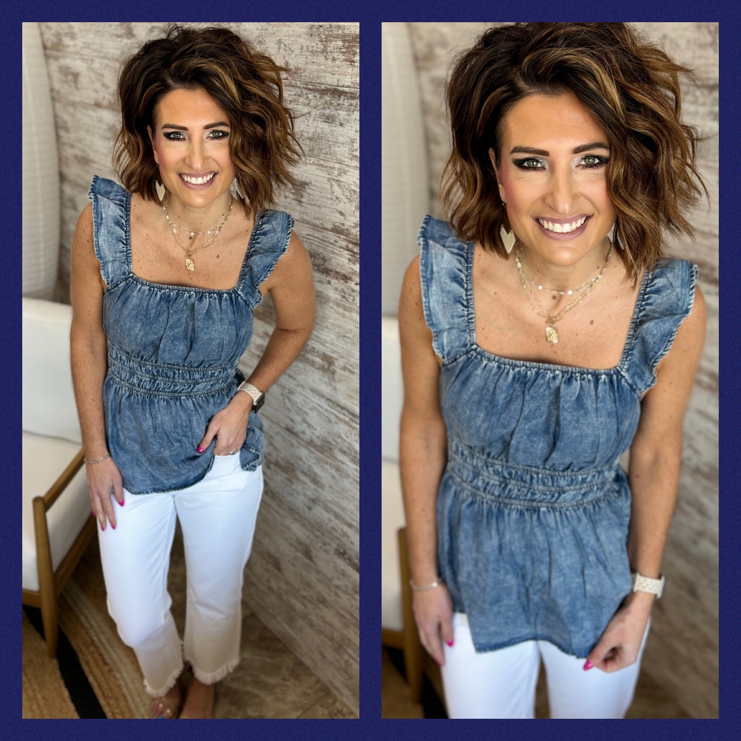 Washed Ruffle Sleeve Denim Top