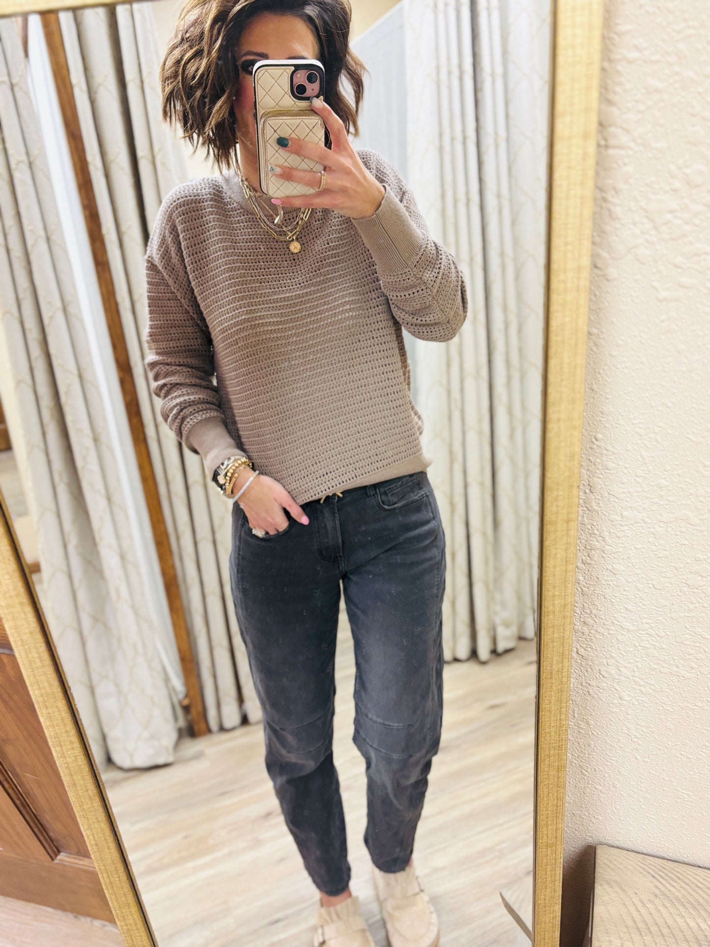 Taupe Crochet Pullover Sweater