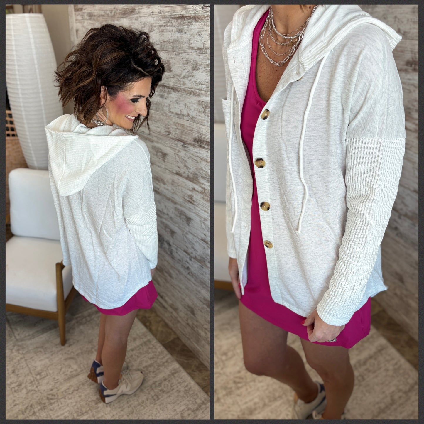 Light Gray Color Block Hooded Button Down