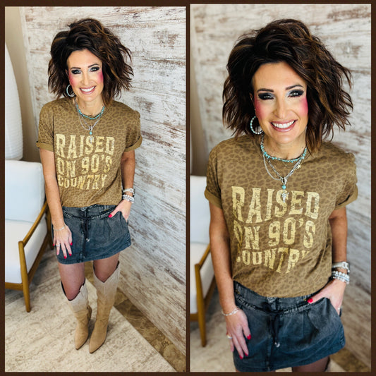 Raised on 90's Country Brown Leopard LAT Tee