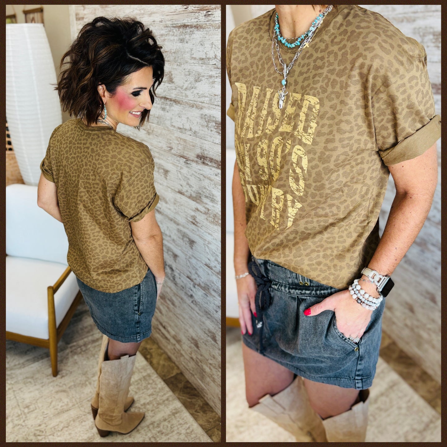 Raised on 90's Country Brown Leopard LAT Tee