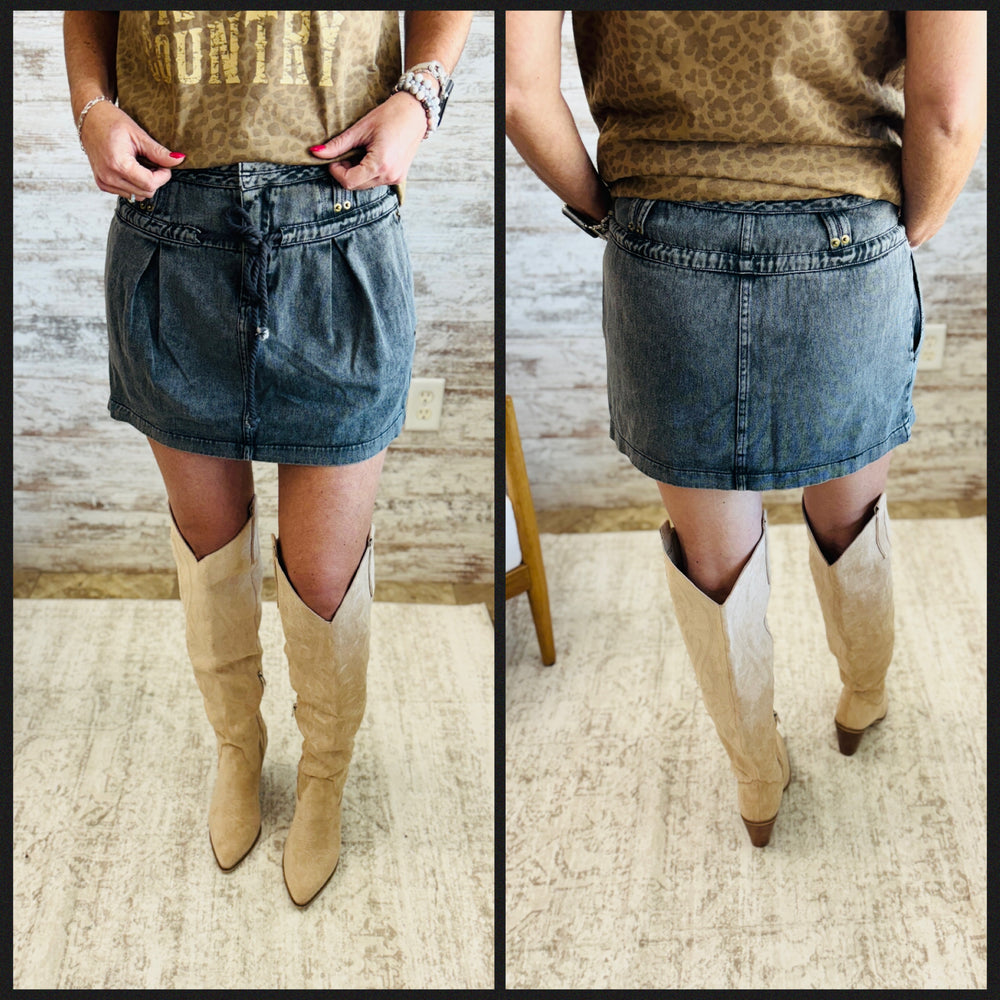 Washed Black Denim Skirt with Drawstring